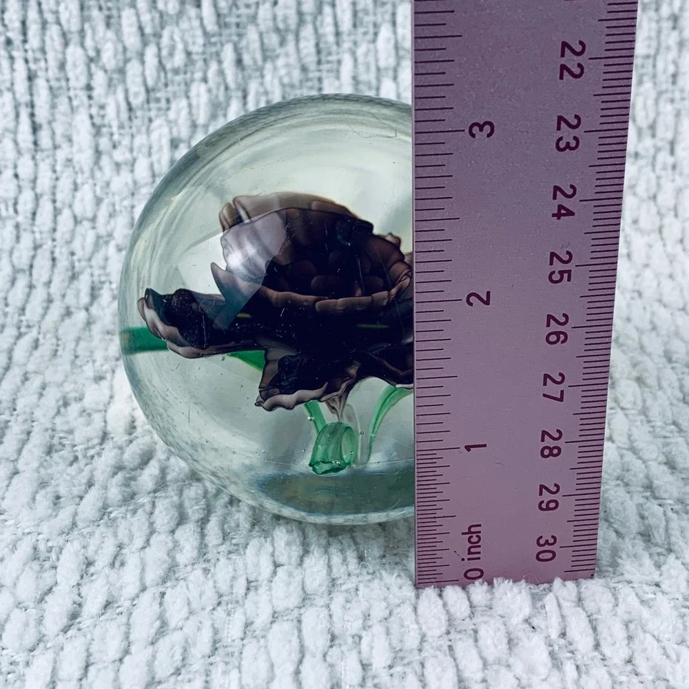 Vintage Glass Art Paperweight Encased Purple Iris Rose‎ Flower Floral Green Stem - Picture 7 of 8